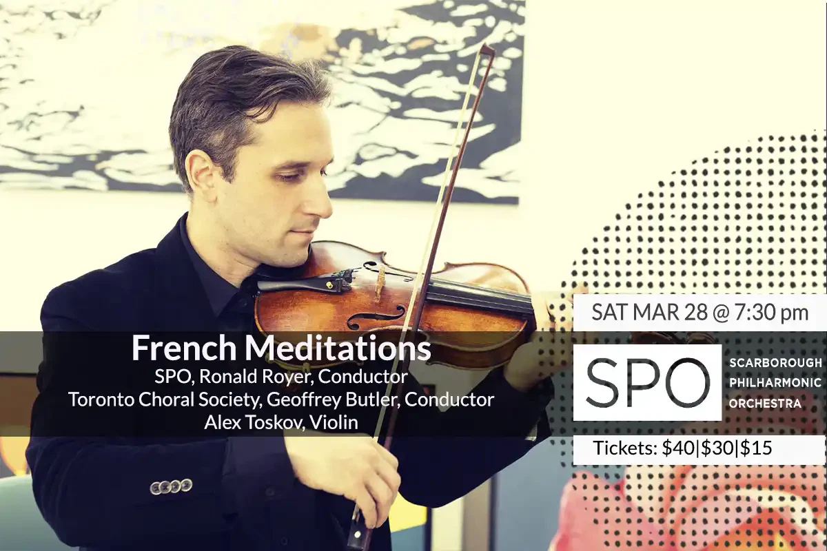 Banner graphic showing Alex Toskov violinist and publicizing SPO's Mar 28 2026 Concert.